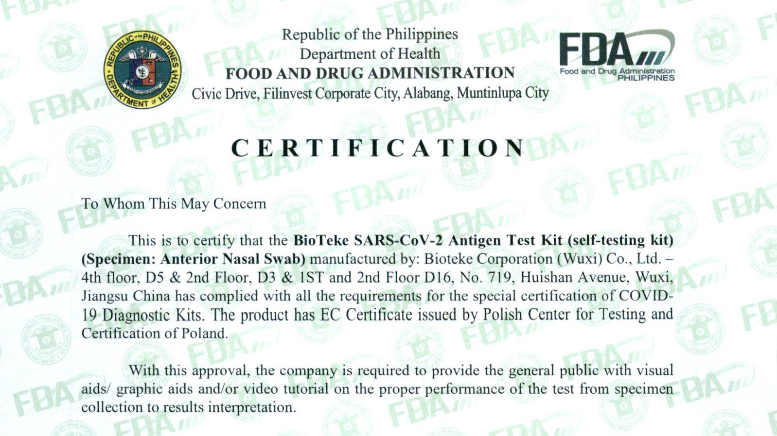 Uma nova certificação！ BioTeke obteve a certificação FDA das Filipinas!